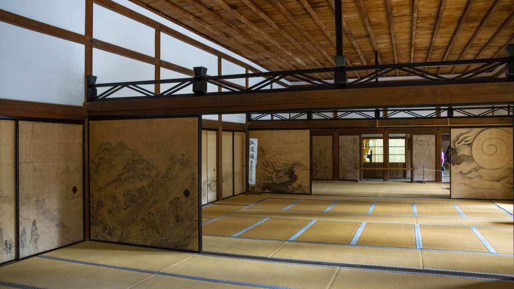 Main Temple Hall with painted screens, Ryoanji Zen Temple, Kyoto, Japan