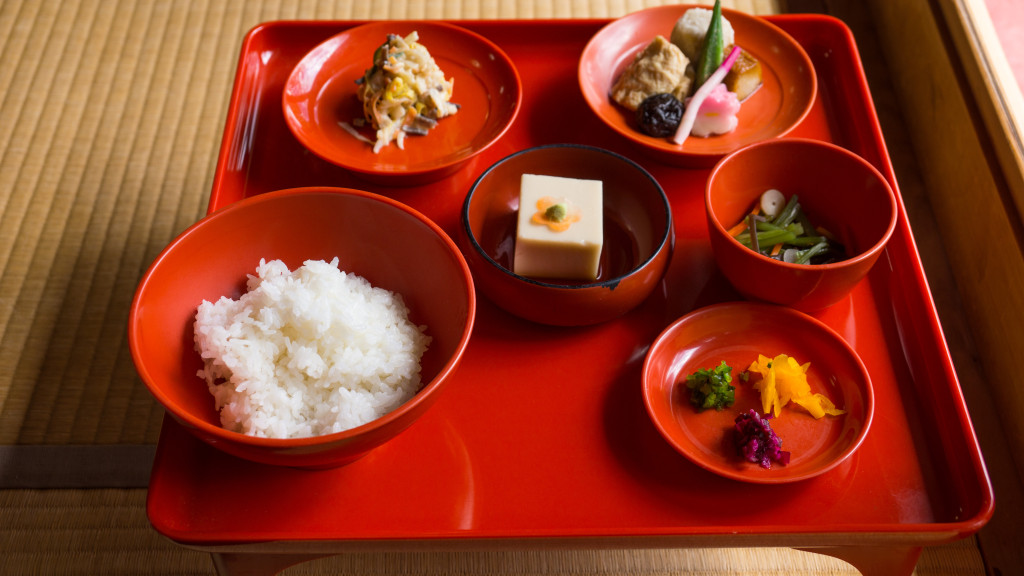 side dishes at Yudofu Restaurant in Ryoanji Zen Temple, Kyoto, Japan